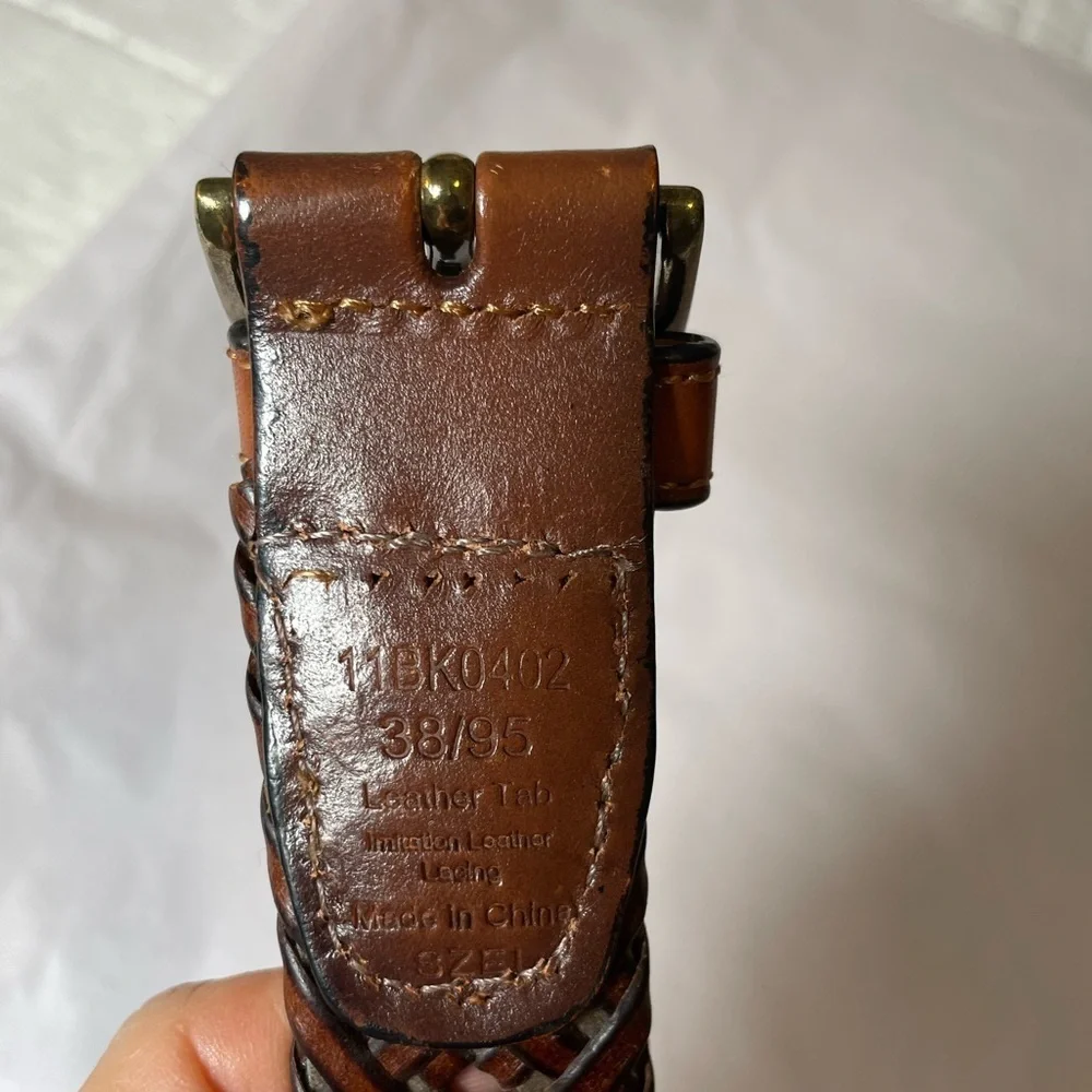 Vintage Braided Woven Brown Genuine Leather Belt Brass Square Buckle Mens Sz 38
